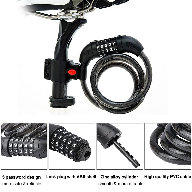 Goede Gezonde Fietsslot 5 Cijferige Code Combinatie Fiets Security Lock Stalen Kabel Spiraal Fietsen Lock