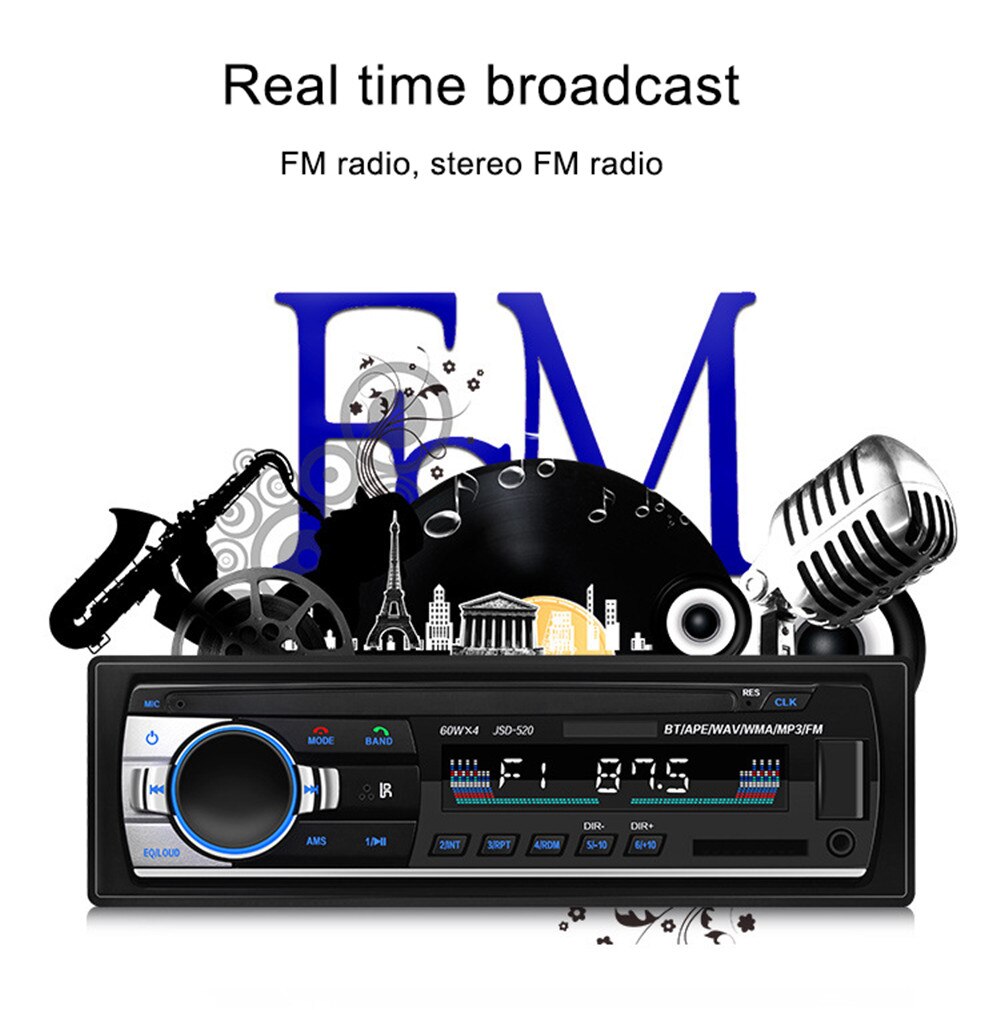 Radio Estéreo JSD 520 de 24V para coche, 1 Din, Bluetooth, Fm, receptor de entrada auxiliar, Audio SD, Usb, Mp3, Mmc, WMA, manos libres