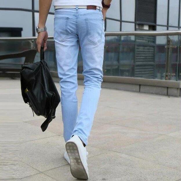 Skinny Jeans Men Blue Slim Fit Korean Style Leisure Chic Retro Solid Denim All-match Hip Hop Male Trousers