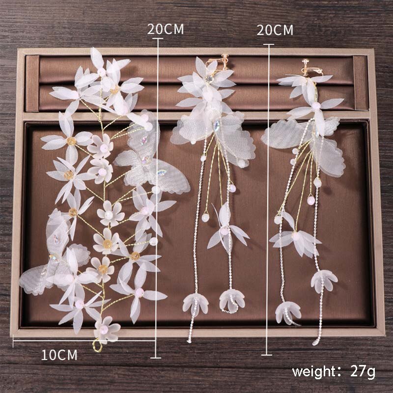 FORSEVEN White Butterfly Flower Beads Long Tassel Headband Earrings Women Headpiece Wedding Accessories Bride Jewelry Sets JL