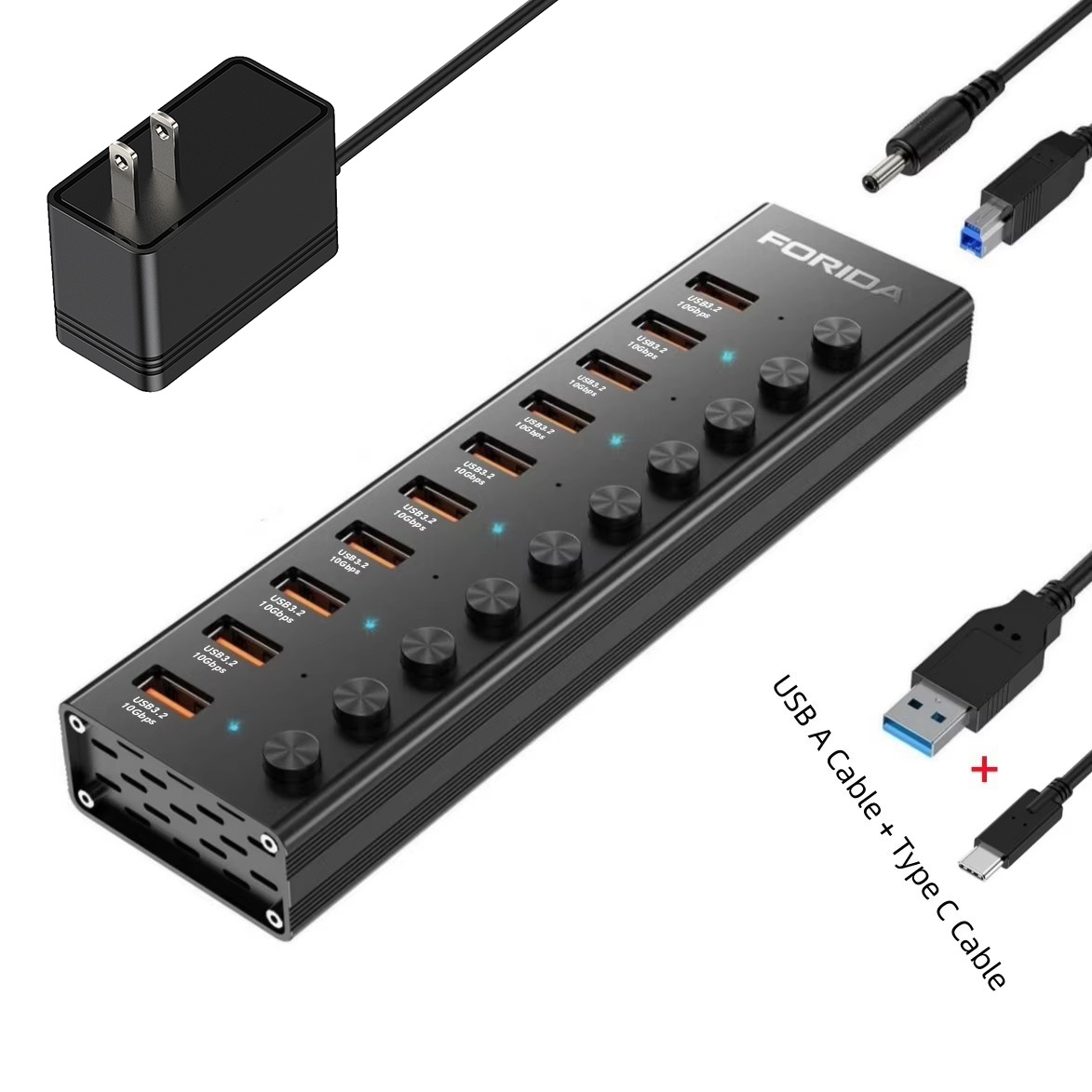 FORIDA 10 puertos USB A 3,2 extensión USB C Hub 10Gbps estaciones de acoplamiento interruptor de encendido/apagado divisor de energía para ordenador portátil Macbook de escritorio: Verde claro
