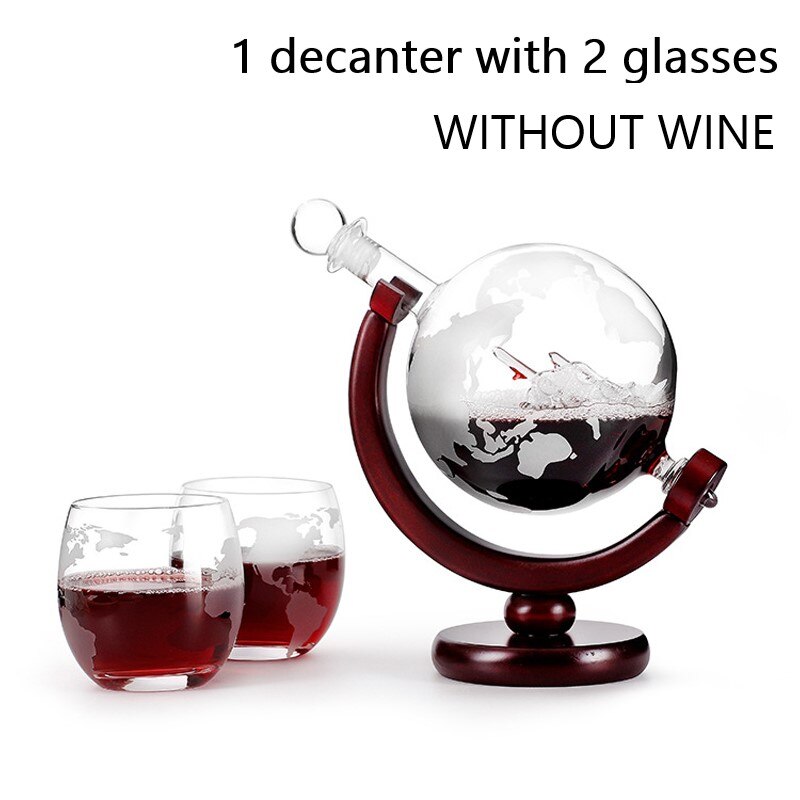 Decantador de whisky globo aireador de vino, conjunto de cristal de calavera de velero dentro de cristal con soporte de madera fina, decantador de licor para taza de Vodka: 1 decanter 2 cups