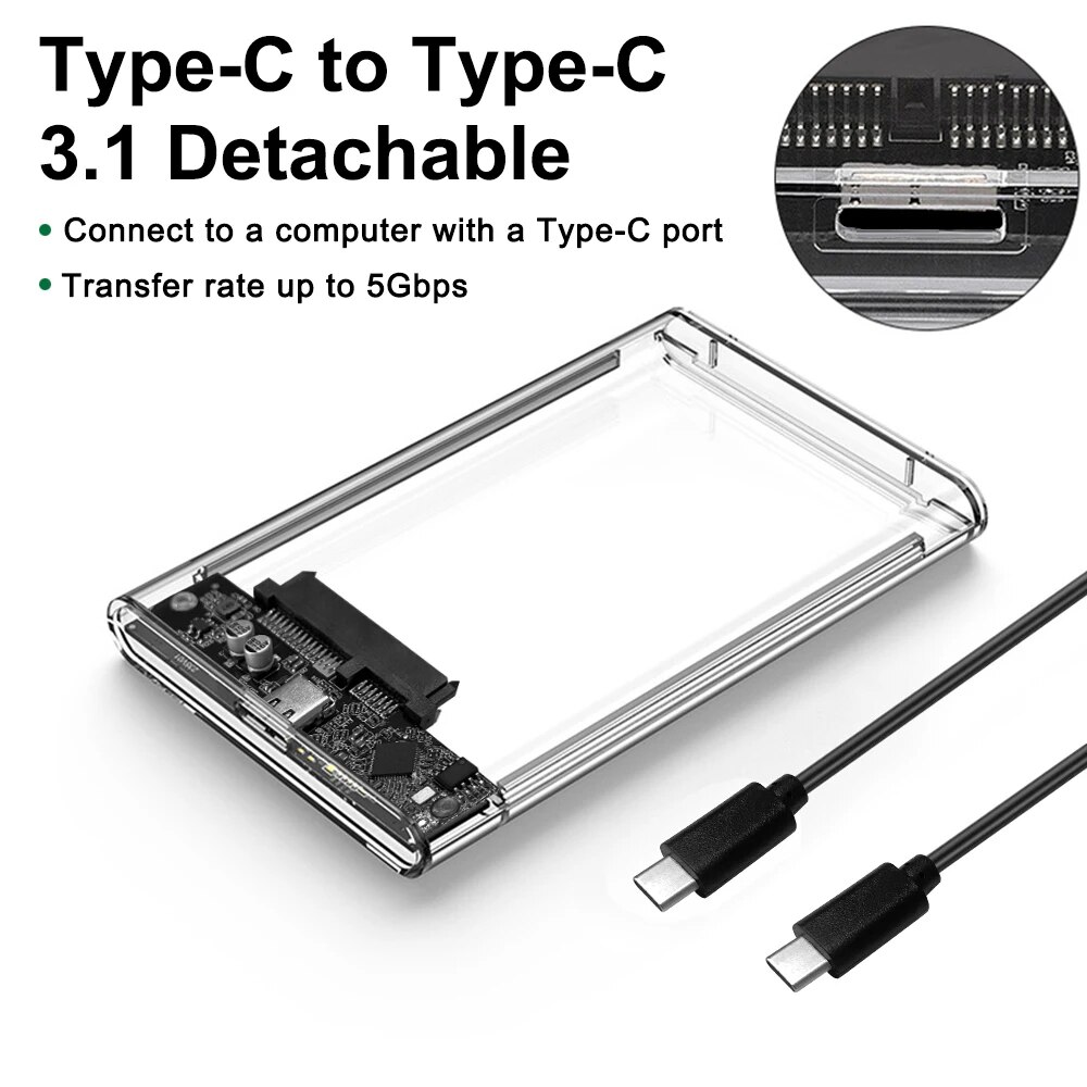 2.5 Inch HDD SSD Case SATA to USB 3.1 Type C 4TB Transparent External Hard Drive Housing Compatible UASP SATA III Laptop: Silver
