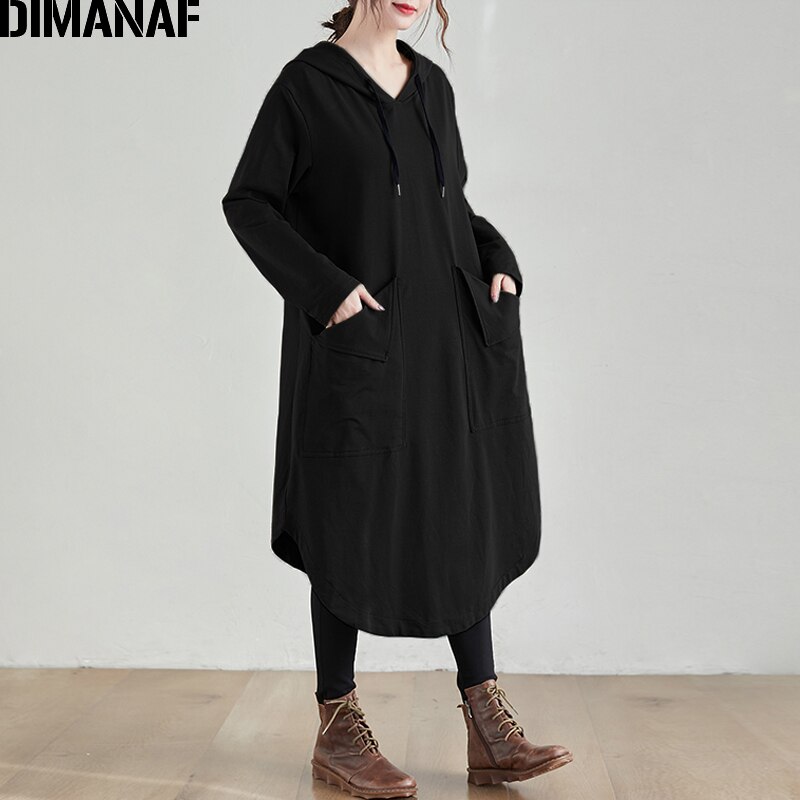 DIMANAF vestido para mujer en tallas grandes de manga larga de algodón con capucha básica Lady Vestidos bolsillos suelto sudaderas con capucha primavera ropa para mujer