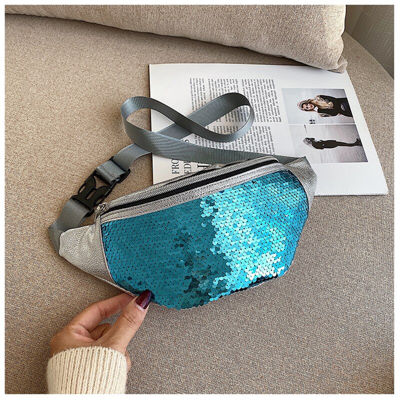 Sequin Waist Bag Women Glitter Fanny Pack for Girls Belt Bag Ladies Colorful Hip Bum Pouch Crossbody Chest with Adjustable Strap: Blue