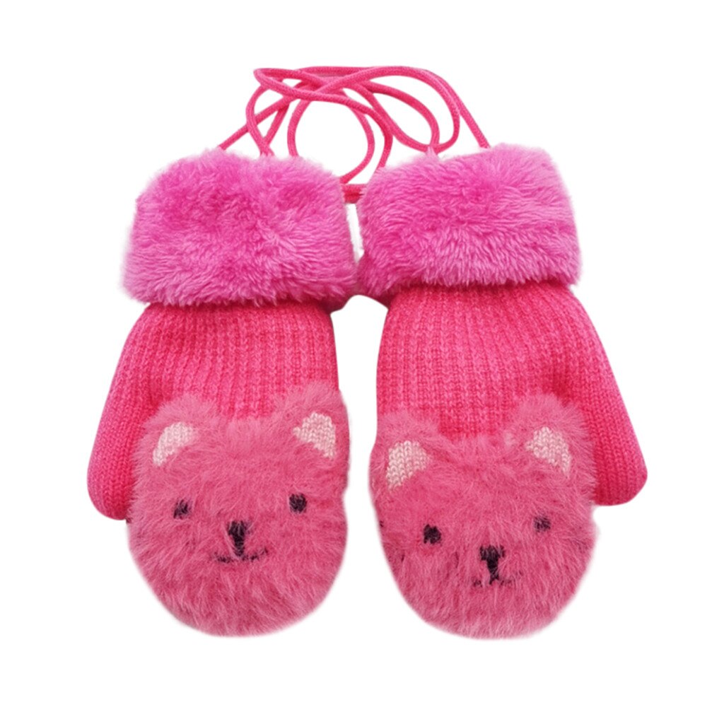 2-7Y Kinder Fäustlinge Kinder Gestrickte Wolle Plus Samt Handschuhe Cartoon Bier Baby Jungen Mädchen Volle Finger Warme Handschuhe Halten mit seil