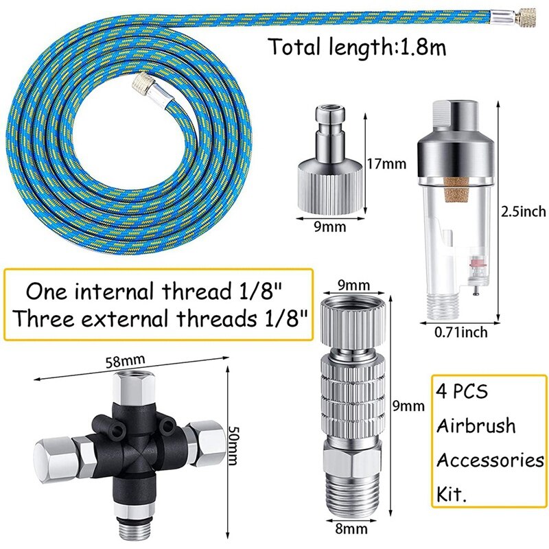 4Pcs Airbrush Adapter Set, 6 Ft Braided Air Hose, 3 Way Airbrush Air Hose Splitter Manifold Airflow Adjustment Coupler