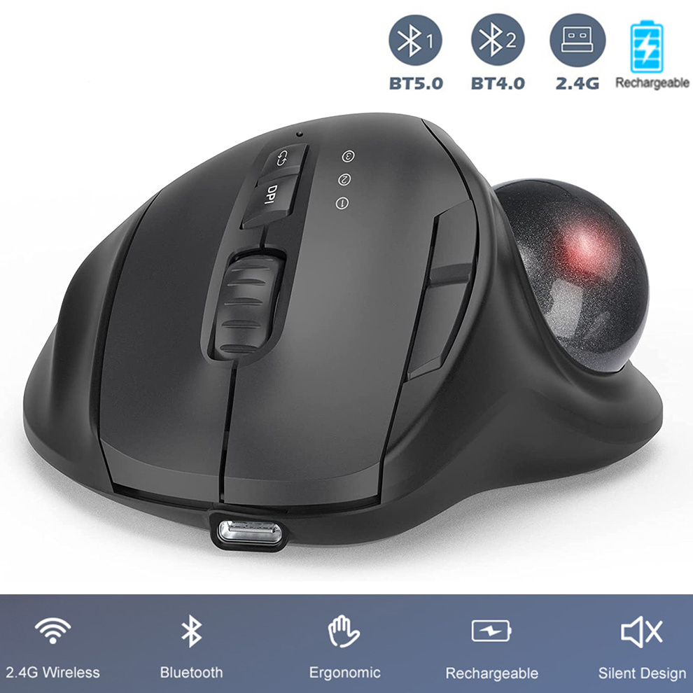 Jomaa Black 2.4G + bezprzewodowa mysz trackball Bluetooth akumulatorowe myszy kulkowe ergonomiczne myszy sterowanie kciukiem mysz do gier