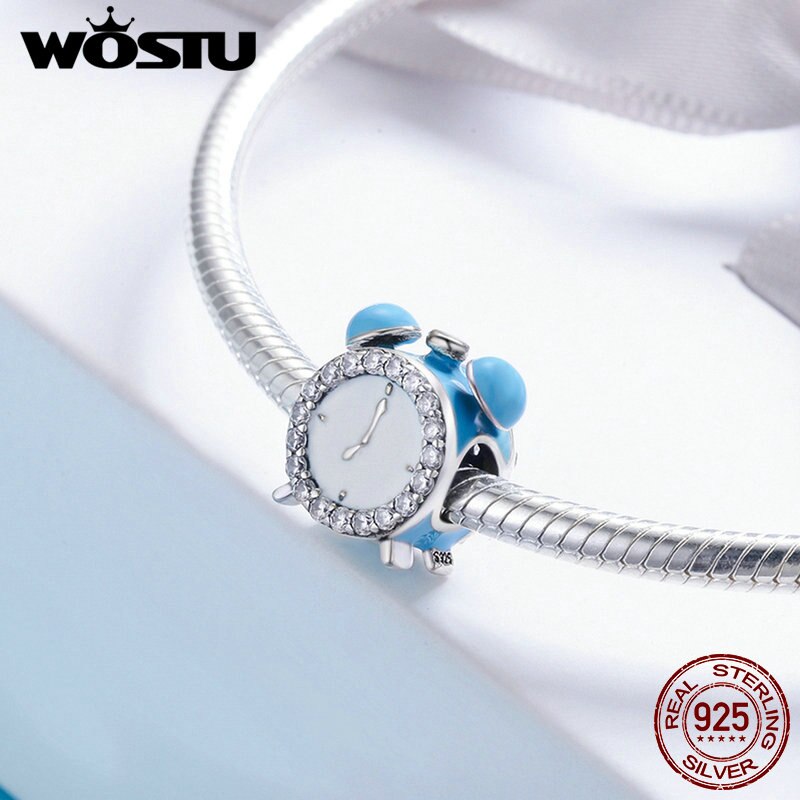 WOSTU Echt 925 Sterling Zilver De Wekker, blue Enamel CZ Charm fit Kralen Armband Bangles DIY Sieraden FIC659