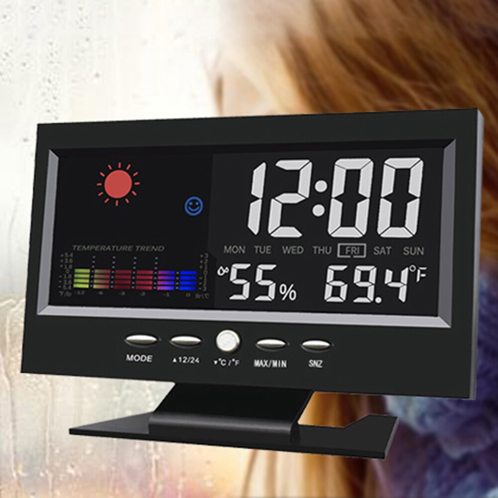 LCD Color Screen Digital USB Temperature Humidity Time Date Display Alarm Clock display hours minutes date month weeks and 12/24