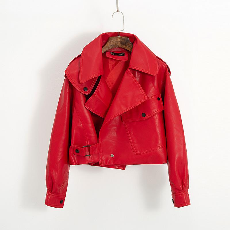 Chaqueta de cuero sintético para mujer, abrigo rojo y blanco con cuello vuelto, ropa de calle holgada, prendas de vestir exteriores, Primavera, 2022: Rojo / L