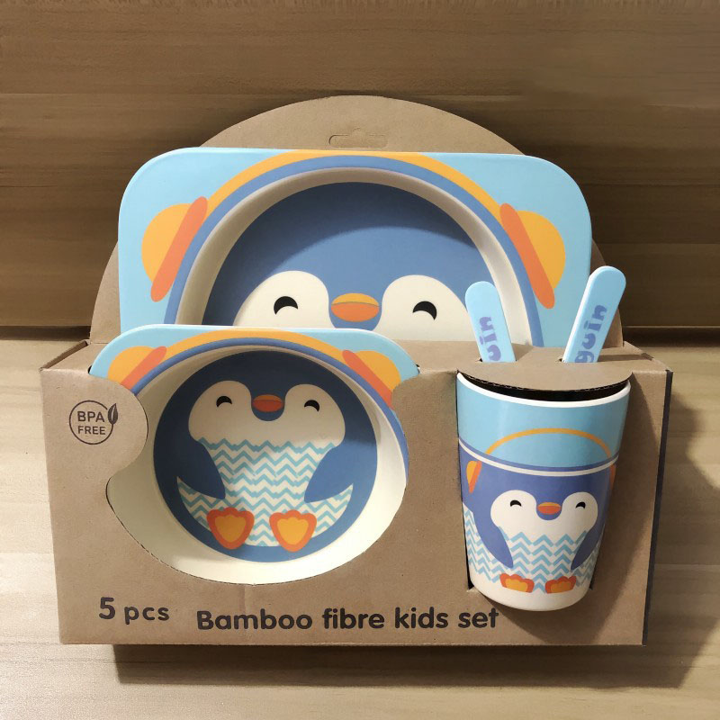 5pcs/set Baby Dish Tableware Children Cartoon Feeding Dishes Kids Natural Bamboo Fiber Dinnerware With Bowl Fork Cup Spoon Plate