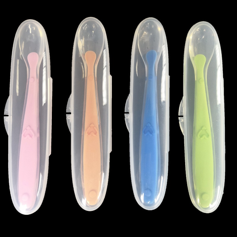 1Pcs Non-slip Baby Spoon+Storage Box Multicolor Baby Training Spoon Baby Feeding Tableware Liquid Silicone Spoon Box