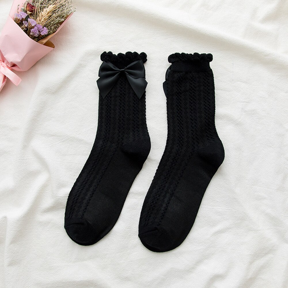 Medium Tube Woman Socks Ruffle Socks Lolita Bow Socks Cosplay Costumes Accessories Cotton Socks Cute Sweet Girl: style1 black