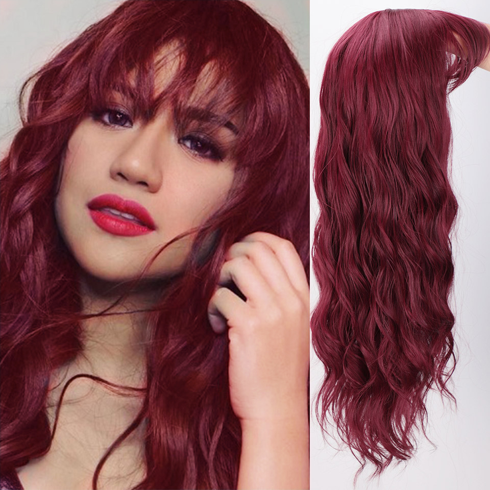 AISI Beauty Long Water Wave Synthetic Wigs with Bangs Mix Brown Wig for Women Pink Red Black Heat Resistant Hair: 118