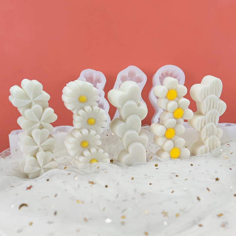 Molde de silicona con forma de corazón para fabricación de jabón, accesorio perfumado con forma de flor, Margarita, trébol de cuatro hojas, girasol, hecho a mano