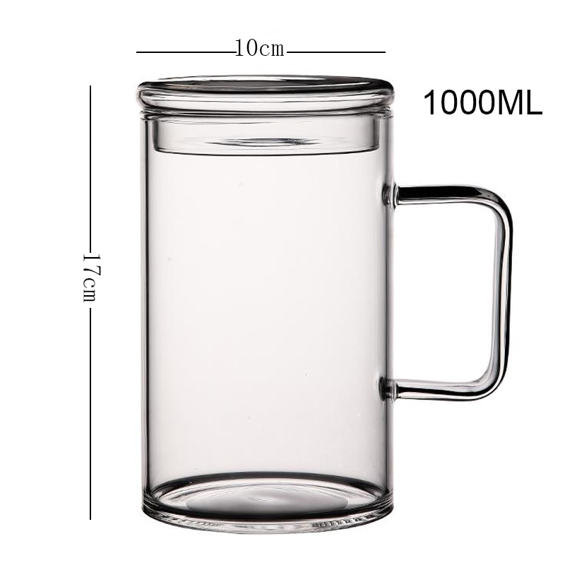 1000ML High Borosilicate Lead Free Glass Large Capacity Cup High Temperature Resistant Simple Home Office Handle Cup with Lid