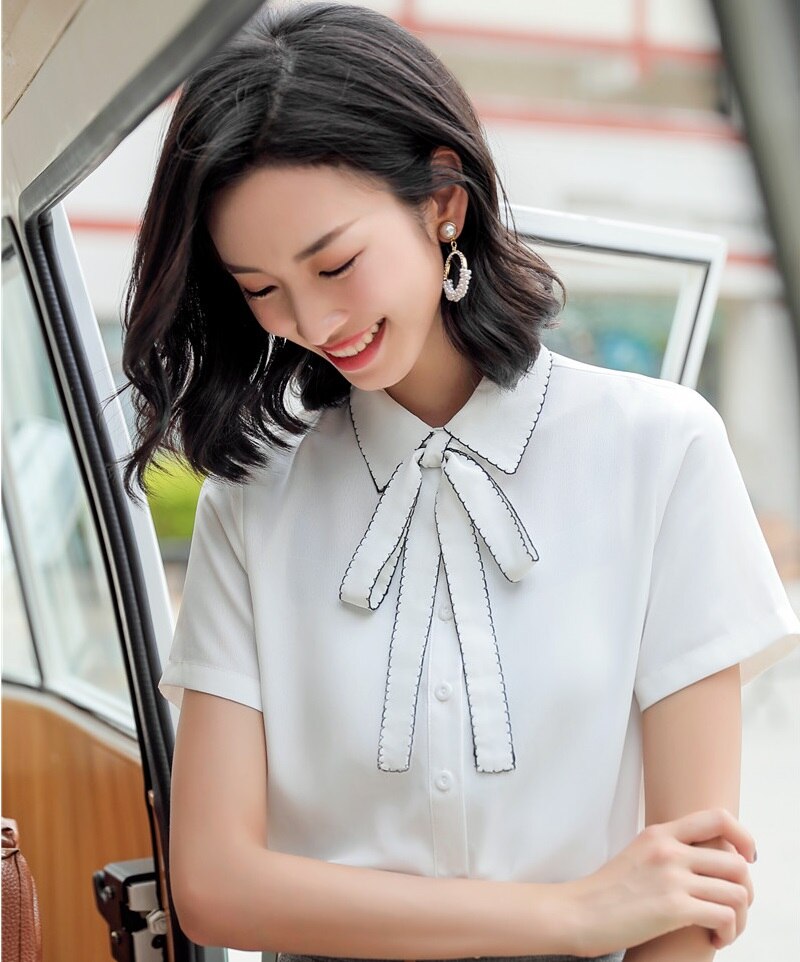 Wit Chiffon Blouses & Shirts Voor Vrouwen Business Werkkleding Zomer Korte Mouwen Vrouwelijke Tops Kleding Met Stropdas