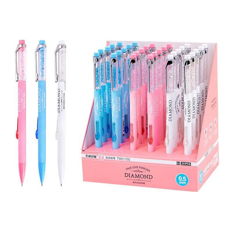 Stylo mécanique diamant mignon Kawaii, 0.5mm, crayon automatique rose blanc bleu pour enfants élèves, fournitures scolaires et de bureau