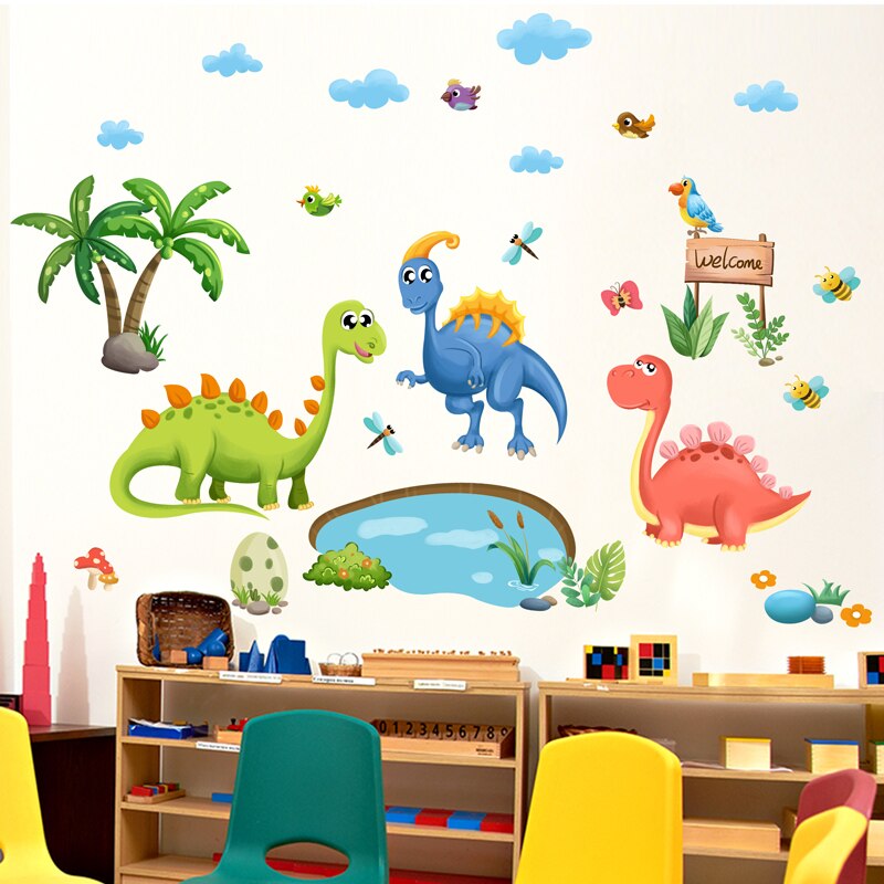 [shijuekongjian] dinosaurier djur väggdekal diy tecknade fåglar träd väggdekaler för barnrum baby sovrum barnkammare dekoration