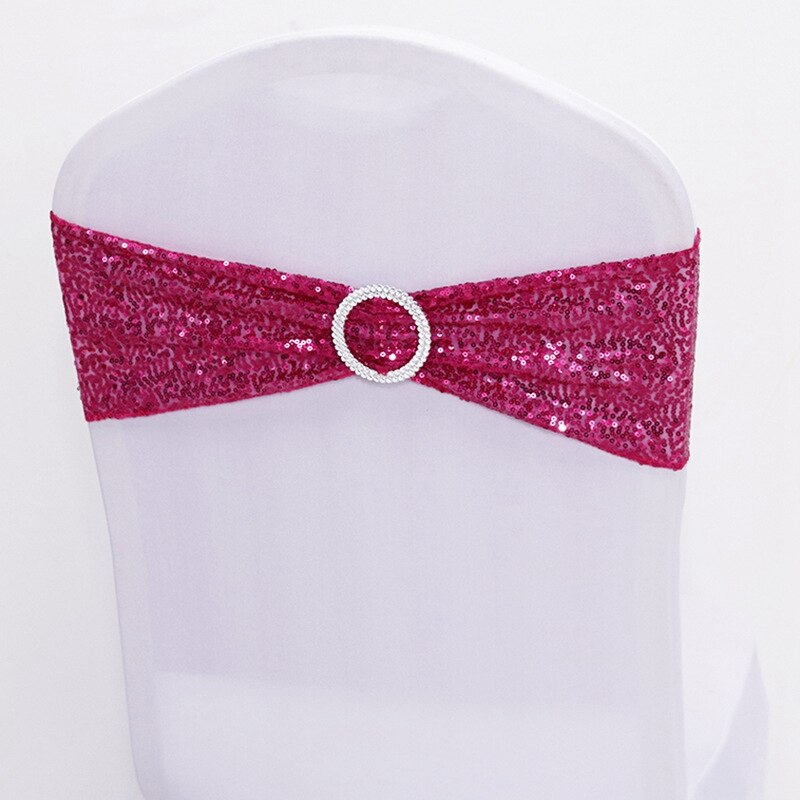Sequin Chair Bands Stretch Spandex Chair Sash Band with Round Buckle for Wedding Events Banquet Decoration Party Supply: Rose red Chair Band
