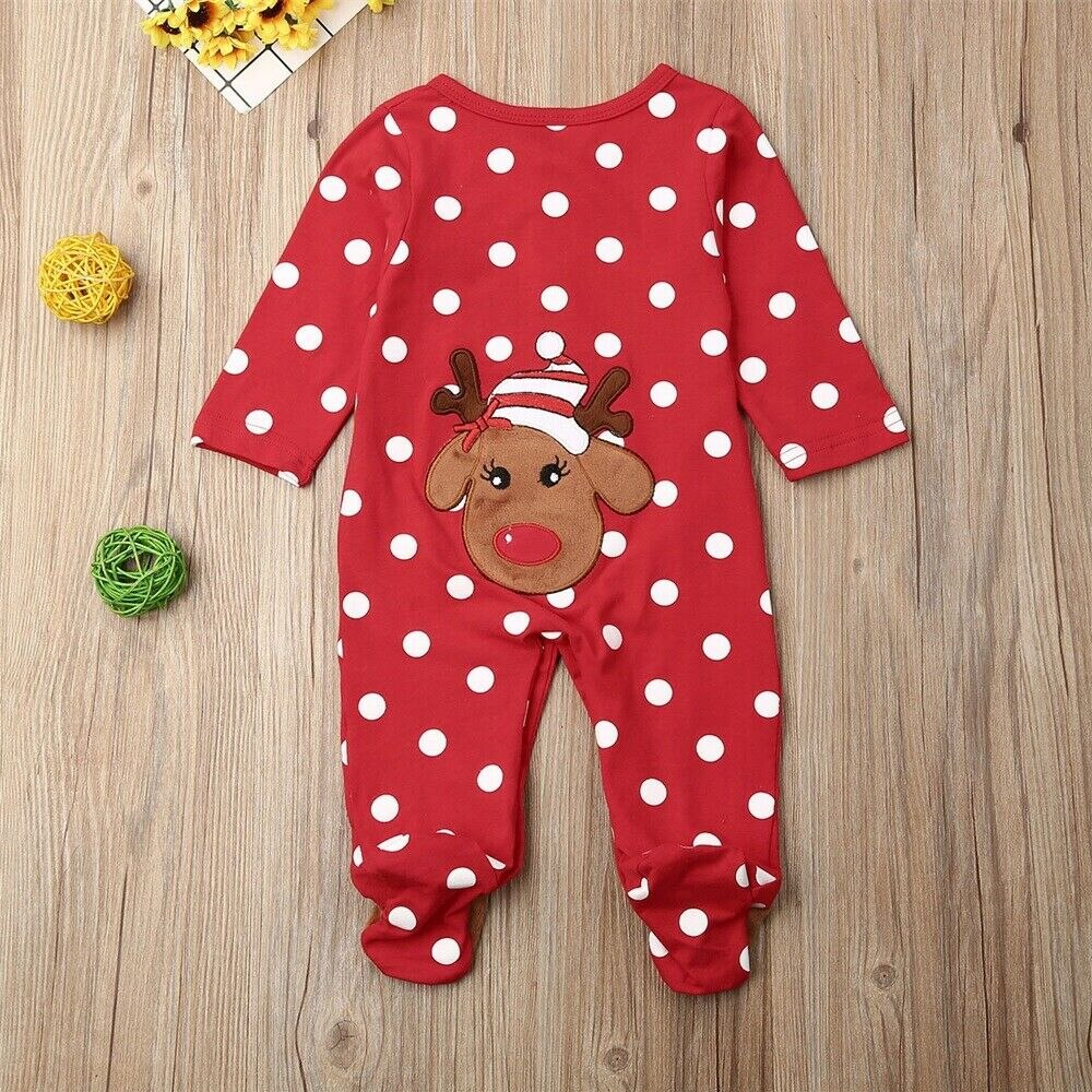 Christmas Infant Baby Boys Girls Romper Kids Baby Cotton Clothes Polka Dot Xmas Deer Jumpsuits Long Sleeve Romper 0-18M