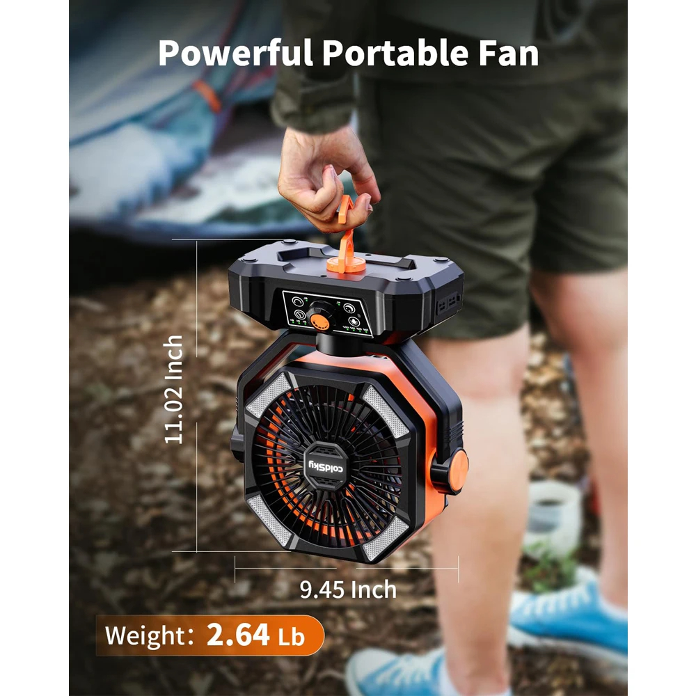 ColdSky-ventilador de Camping con batería de 20000mAh, linterna de 4 LED, ventilador de escritorio de 8 velocidades, ventilador portátil para exteriores para tienda de campaña, canciones de trabajo