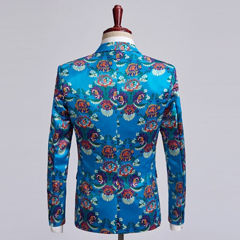 Men's Floral Print Suit Jacket One Button Lapel Lake Blue Slim Casual Suit Prom Party Dedicated Suit Jacket