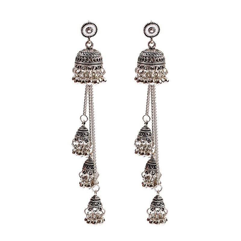 Retro Bollywood Oxidized Women Jhumka Indian Earrings Femmes Ethnic Gold Silver Color Afghan Bell Long Tassel Earrings: Sliver