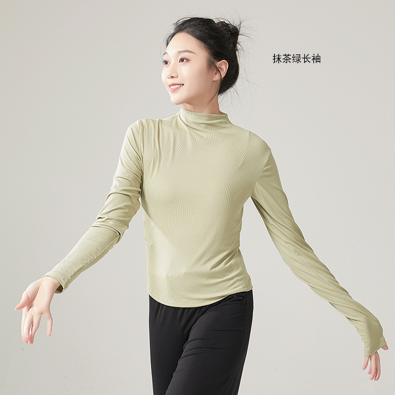 Women Modern Dancewear Long Sleeve High Neck Slim Costume Stage Performance Clothing China Practice Clothes Elastic Tops: S / Brown