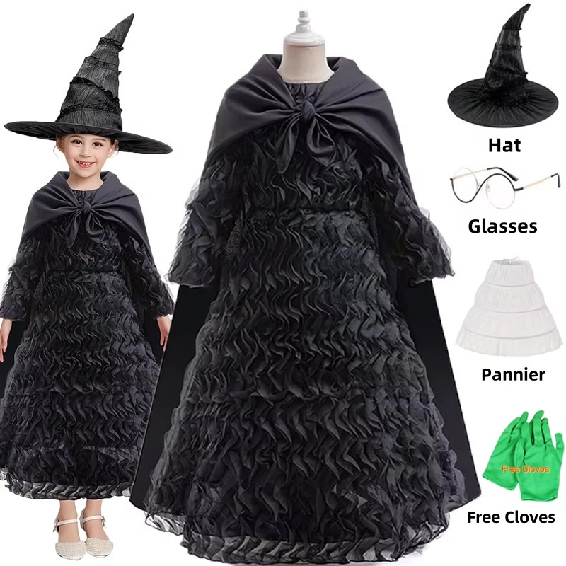 Malvado elphaba traje de halloween bruxa cosplay preto babados vestido manto luvas chapéu pontiagudo vestido da menina: 7 toneladas / verde