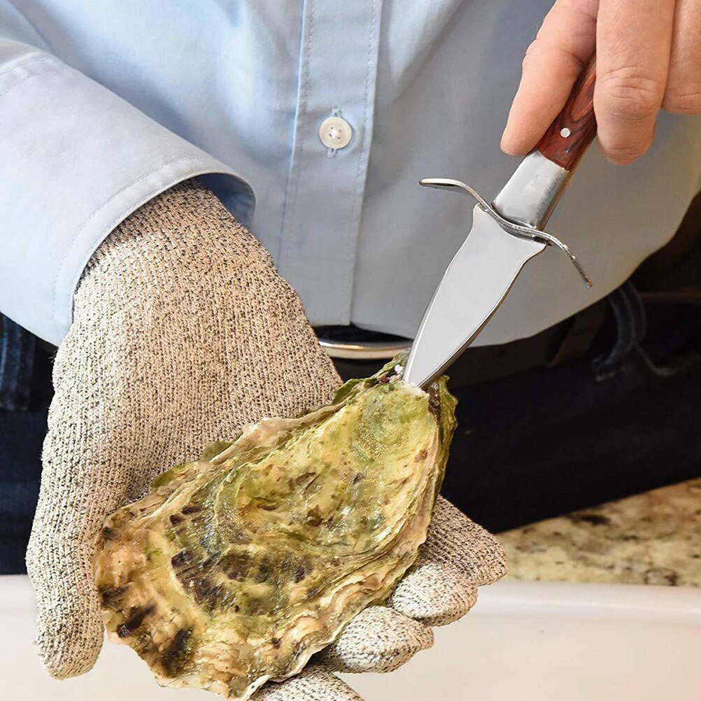 Stainless Steel Clam Oyster Knife Wooden Handle Open Shell Tool Seafood Cutter Shucker Kitchen Utensil with Gloves and PU Cover