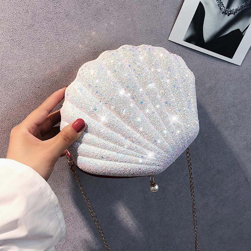 1 pc glinsterende, met pailletten versierde schelpvormige tassen voor dames, mini-schoudertassen, messengertassen, crossbodytassen, portemonnees en tasjes voor de zomer en het strand.: Wit