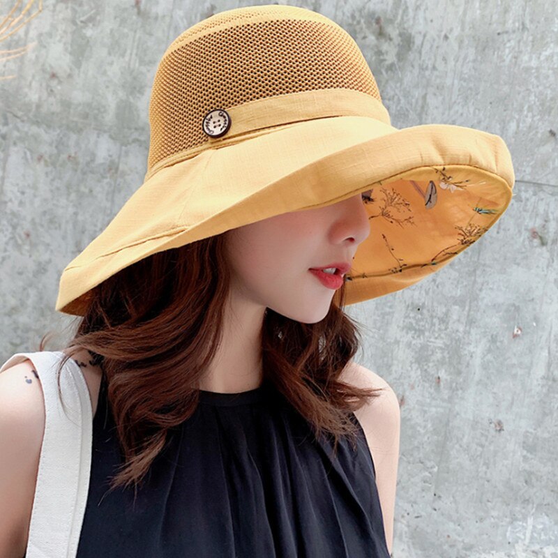 Women Summer Foldable Sun Hat Beach Solid Color Net Mesh Large Wide Brim Anti-UV Hat Female Lady Cloth Sunscreen Breathable Cap