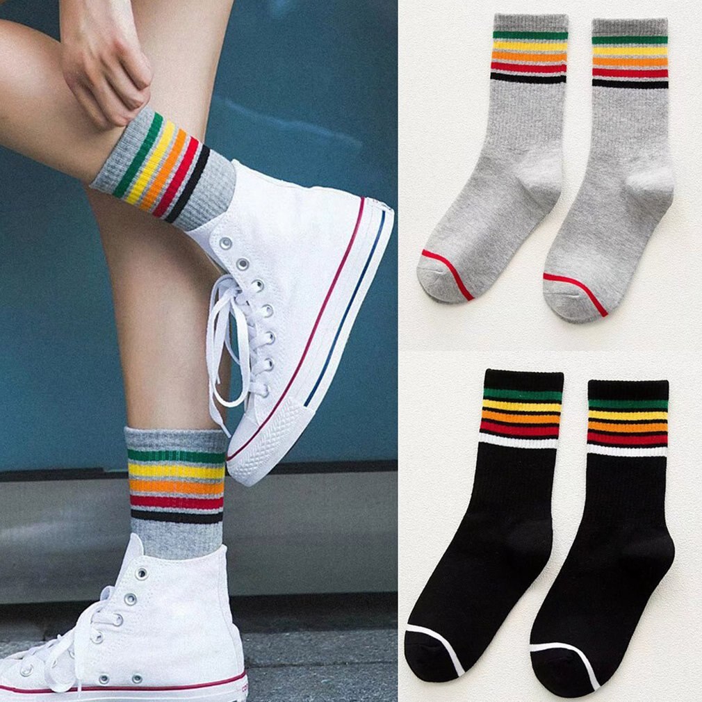 Trendy Regenboog Streep Gedrukt Katoenen Sokken Dames Vrouwen Midden Lengte Casual Zachte Harajuku Sokken Sport Warme Sokken