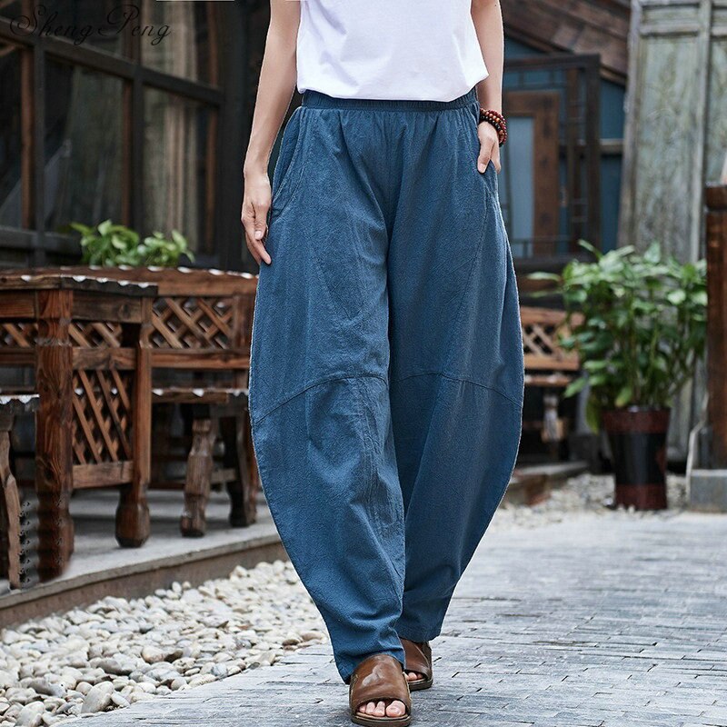 Pantalones Vintage de pierna ancha para mujer, pantalón holgado de lino y algodón, con cintura elástica, color sólido, Q802,: 3