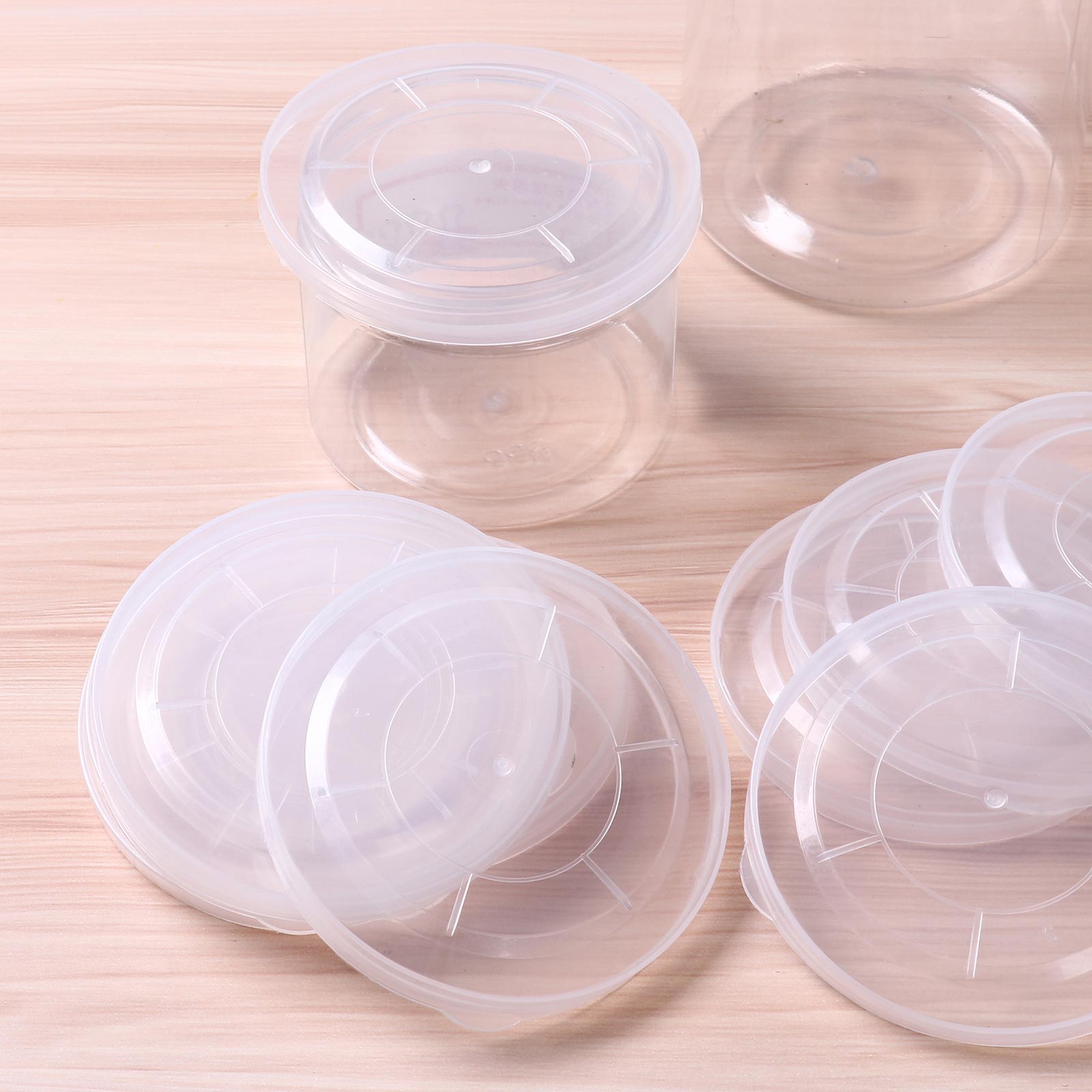 Latas de plástico transparente para almacenar alimentos reutilizables, frascos para almacenar alimentos, tapas a prueba sellado de fugas, de alimentos para perros y gatos para conservas, 100 unidades