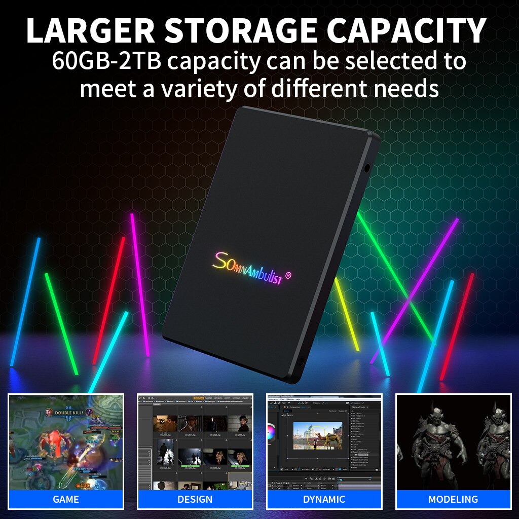 De Kleurrijke Ademhaling Licht Ssd 120Gb 240Gb 480Gb 2Tb Ssd 2.5 Drive Ssd Sata Sataiii 60Gb Laptop Ingebouwde Solid State Drive