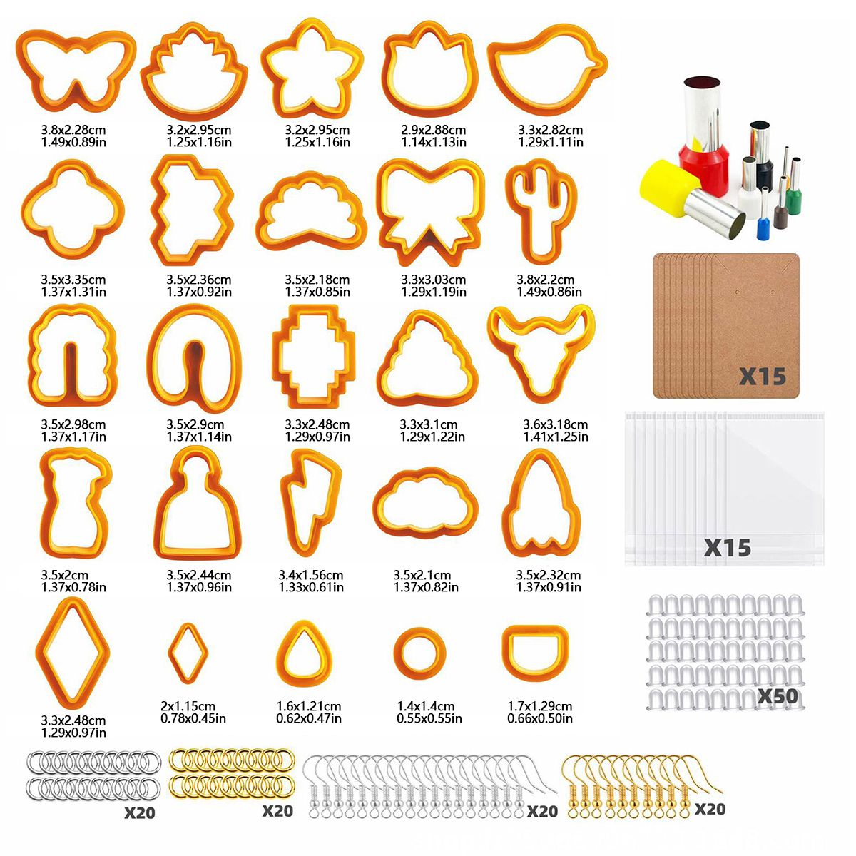 Set van 24/142/193 polymeerklei uitstekers, plastic klei oorbellen uitsteker, roestvrijstalen doe-het-zelf sieradenmal, accessoires voor het maken van oorbellen