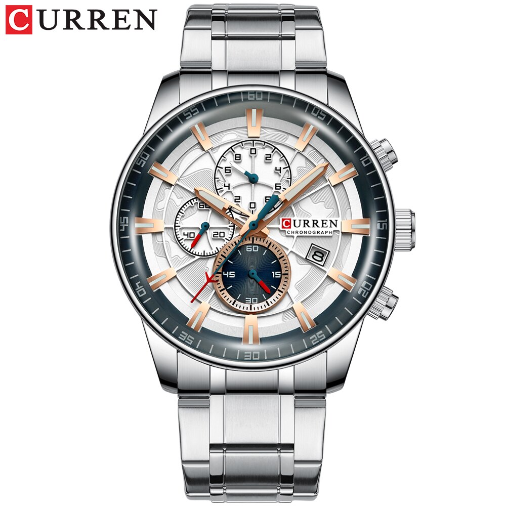 Curren Horloges Heren Mode Sport Horloge Met Chronograaf Lichtgevende Handen Klok Mannelijke Horloge Blauw Rvs Band: silver rose