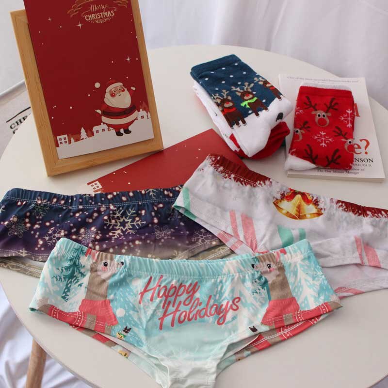 SP&CITY 3pcs Chritsmas Women Underwear Year Ekl Print Cute Cotton Panties Snow Patterned Seamless Briefs Lingerie: B