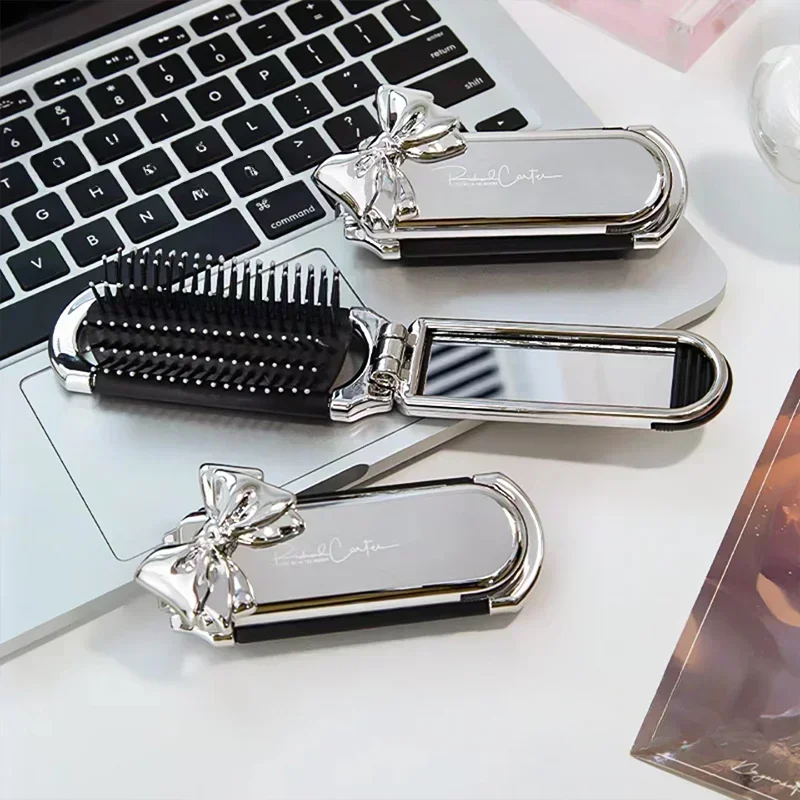 Bow Mini Hair Brush Folding Massage Combs Head Massage Anti-Static Hair Brush Girl Hair Combs with Mirror Portable Traveling