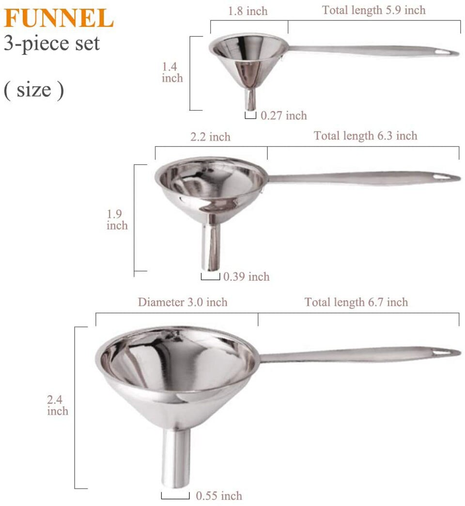 Embudos de Metal para botellas de llenado, conjunto de embudo de cocina de acero inoxidable para transferencia de aceites líquidos, especias, ingredientes secos