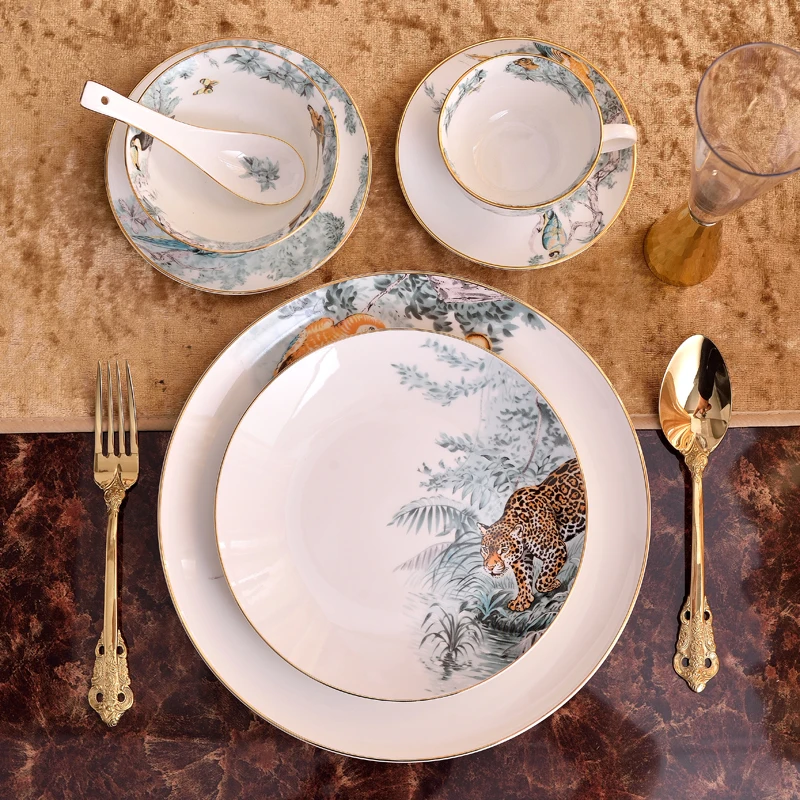 Juegos de platos de cocina, juego de tazas, cuenco, cuchara, platos de cena, taza, plato de postre, juegos de platos y platos de animales del bosque lluvioso