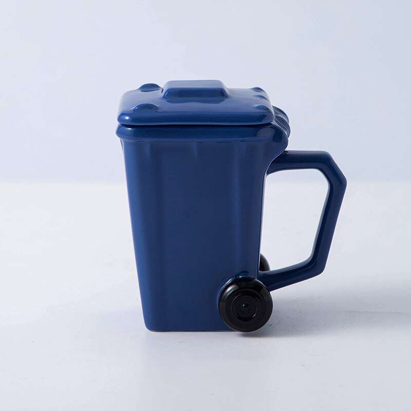 3D Garbage Can Ceramic Mug With lid 400ml Coffee Tea Milk Cup copo termico for Home Office Dinkware: Blue