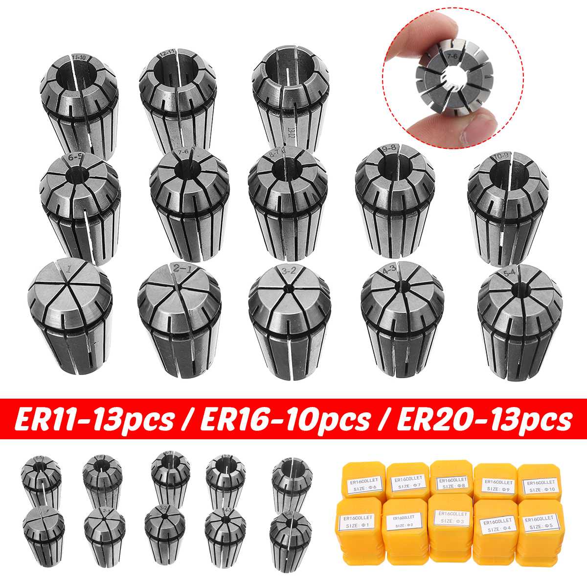 13pcs/Set standard ER20 ER11 ER16 Spring Collet set Clamping Nut CNC for milling Machine Engraving lathe tool Engraving Machine