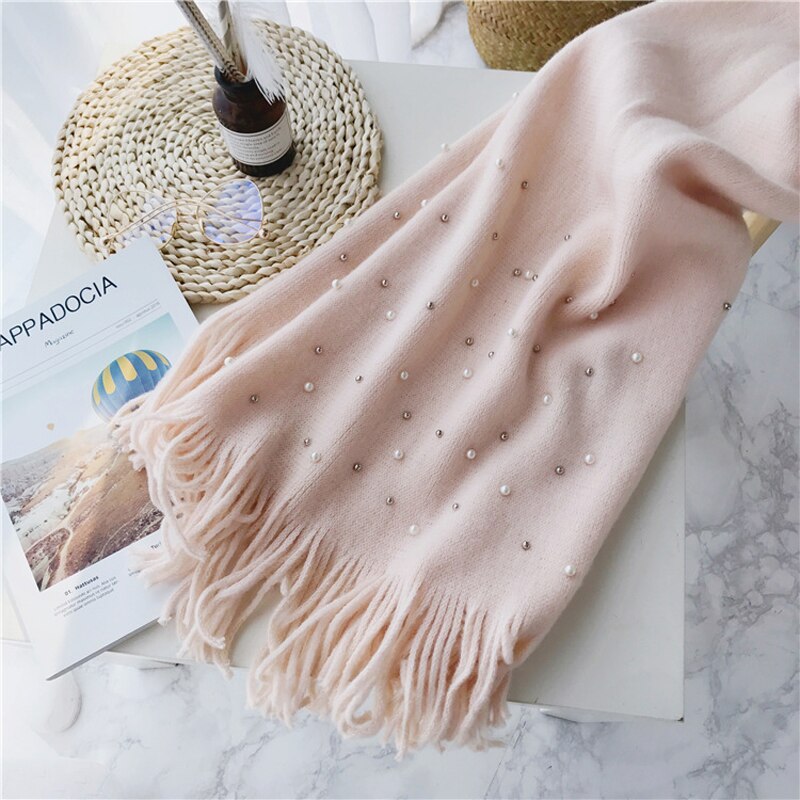 Bufanda tejida cálida de invierno para mujer de de Luna y Delfín, bufandas suaves con cuentas de perlas y perlas, bufanda de lana con borlas, manta Pashmina grande