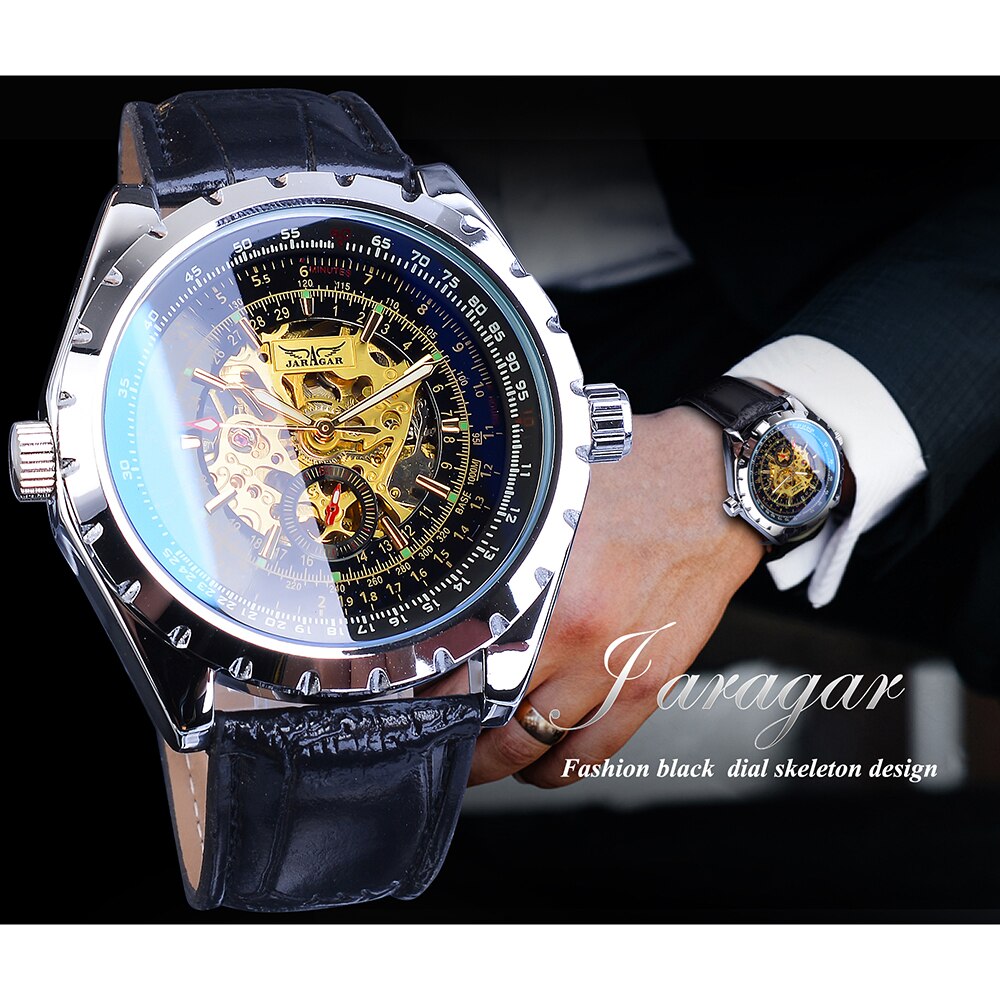 Jaragar Zwart Gouden Zaken Mens Watch Skeleton Automatische Self-Wind Mechanische Sport Lederen Band Horloge Relogio Masculino
