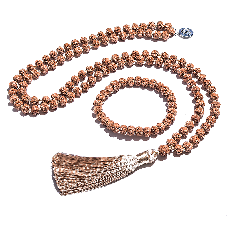 7-8mm original rudraksha frisado atado japamala colar pulseira conjunto meditação yoga bênção jóias 108 mala rosário: Cor dourada amarelo claro