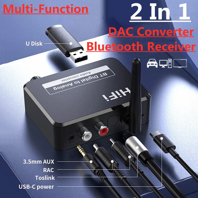 Dac bluetooth-empfänger digital-analog-audio-wandler optischer faseranschluss 3.5mm aux-cinch-anschlüsse usb-stick stereo-autolautsprecher tv-wlan-adapter
